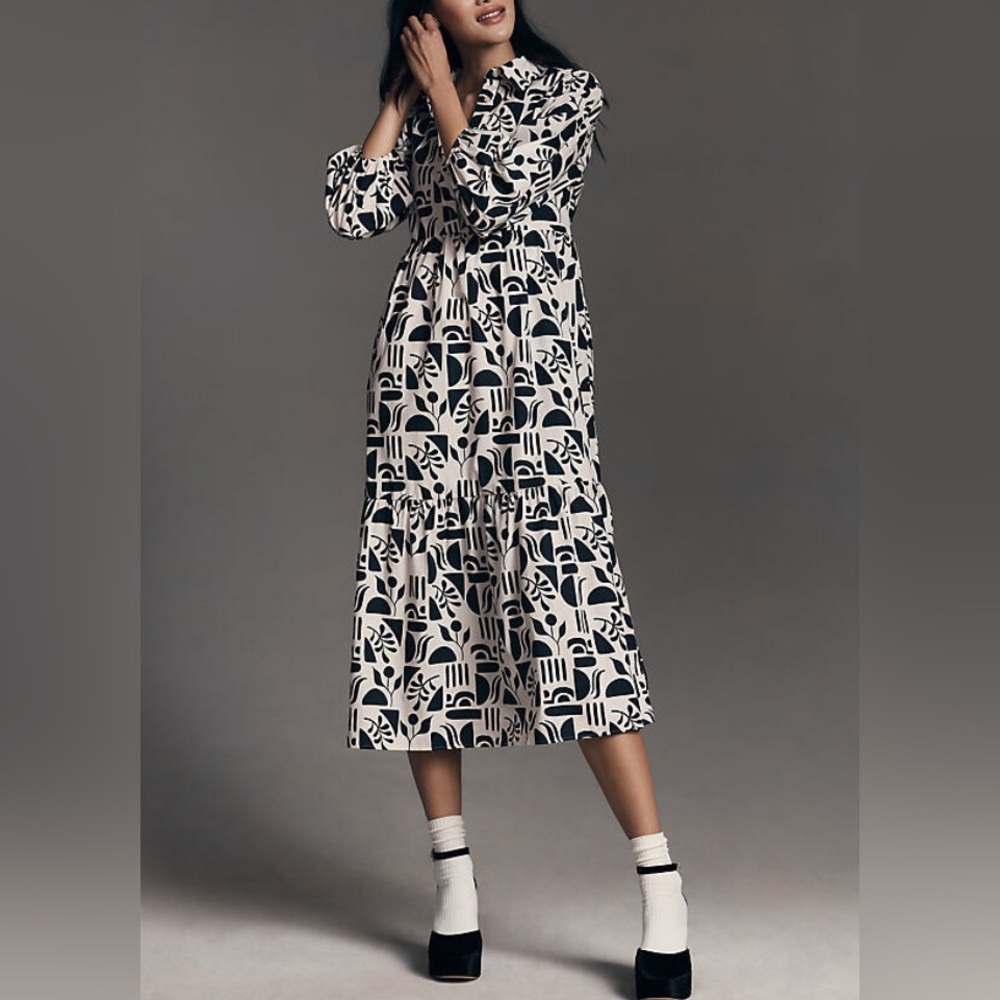 Maeve Black and Cream Long Sleeve Printed Midi Dress - Picture 14 of 14